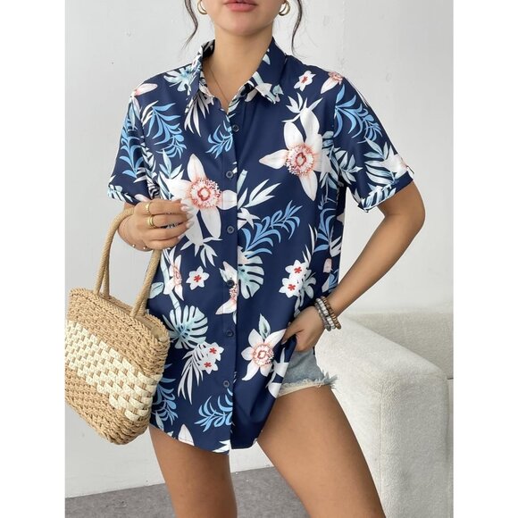 Women Dark Blue Hawaiian Button Down Shirts Short Sleeve Casual Floral Shirt - Picture 3 of 7